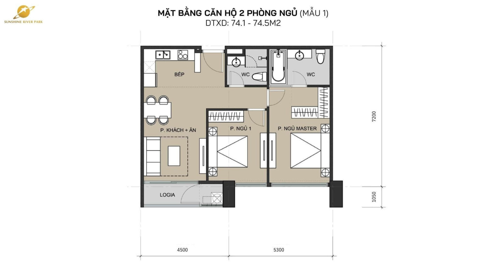Thiết kế căn hộ 2 phòng ngủ 74m2