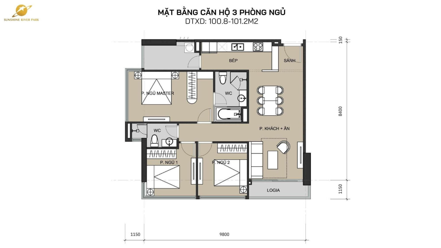 Thiết kế căn hộ 3 phòng ngủ 100m2